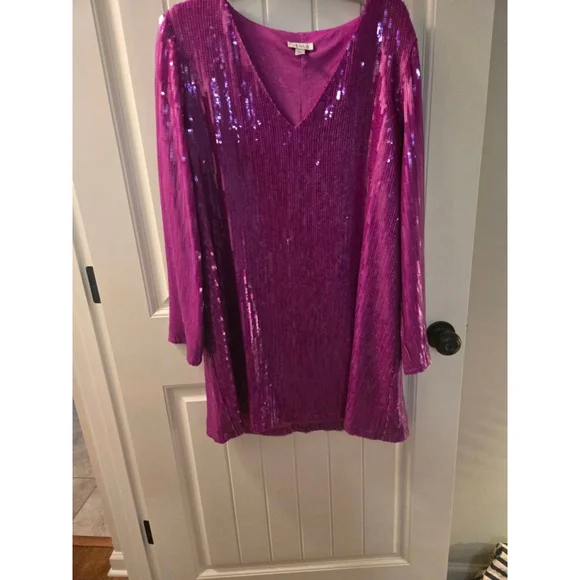 Women's VENUS Fuchsia Sequin Long Sleeve Dress M - Picture 3 of 4